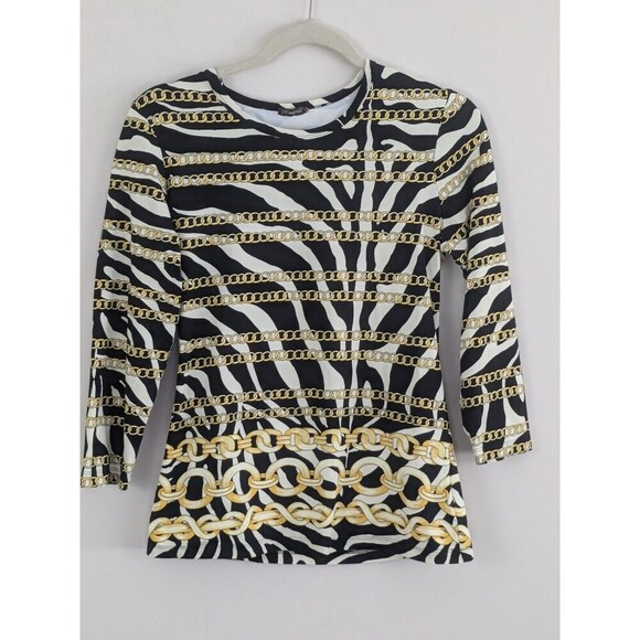 J. McLaughlin Catalina Cloth Size S Animal Print Chain Top Shirt Blouse 3/4 Slv - Picture 1 of 7